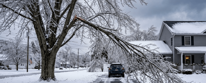 Ice-damaged tree limb hanging over a driveway in Northeastern PA after a winter storm