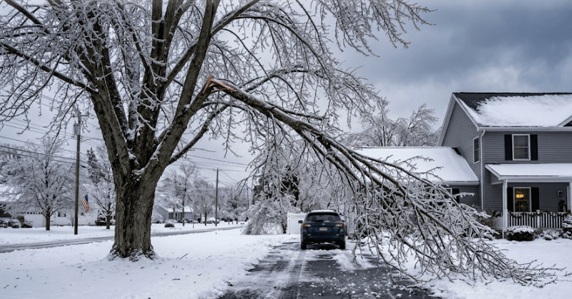 Ice-damaged tree limb hanging over a driveway in Northeastern PA after a winter storm